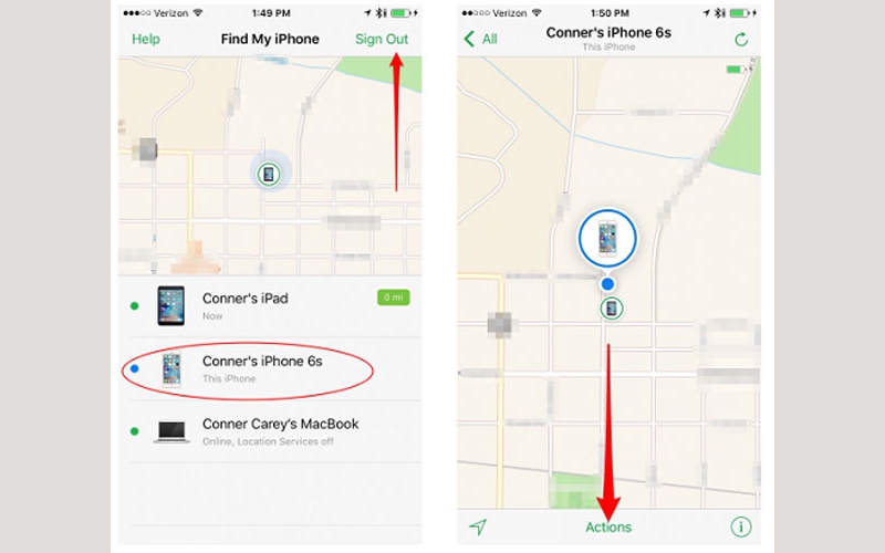 Nhấn vào icon iPhone bị mất để xác định vị trí
