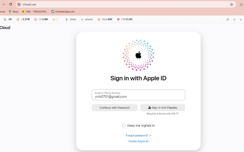 Đăng nhập ID Apple của điện thoại bị mất lên website