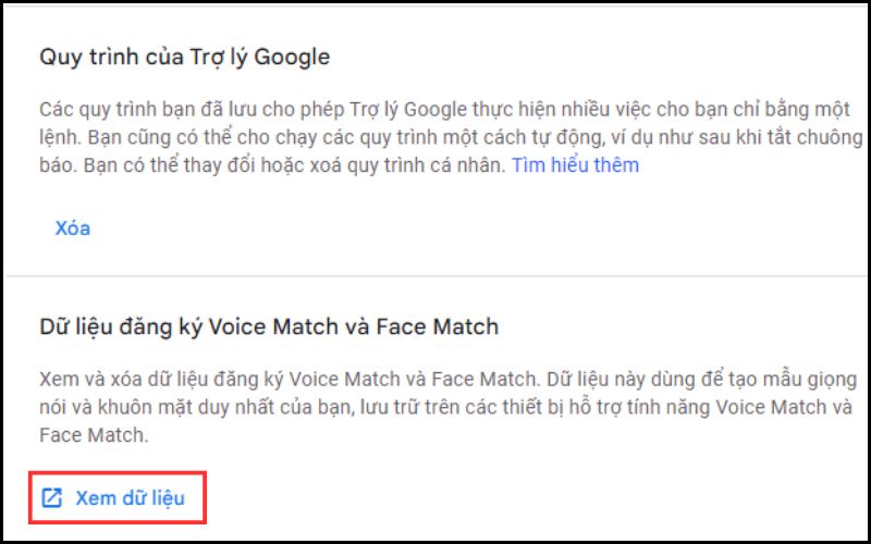 Xem du lieu tai Du lieu dang ky Voice Match va Face Match