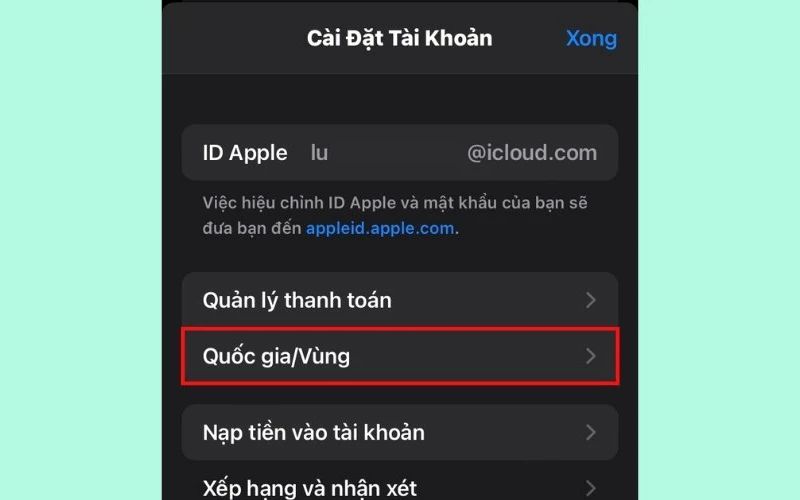 Nhấp vào mục Quốc gia/Vùng