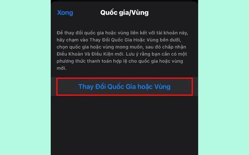  Nhấn vào Thay Đổi Quốc Gia hoặc Vùng màu xanh dương