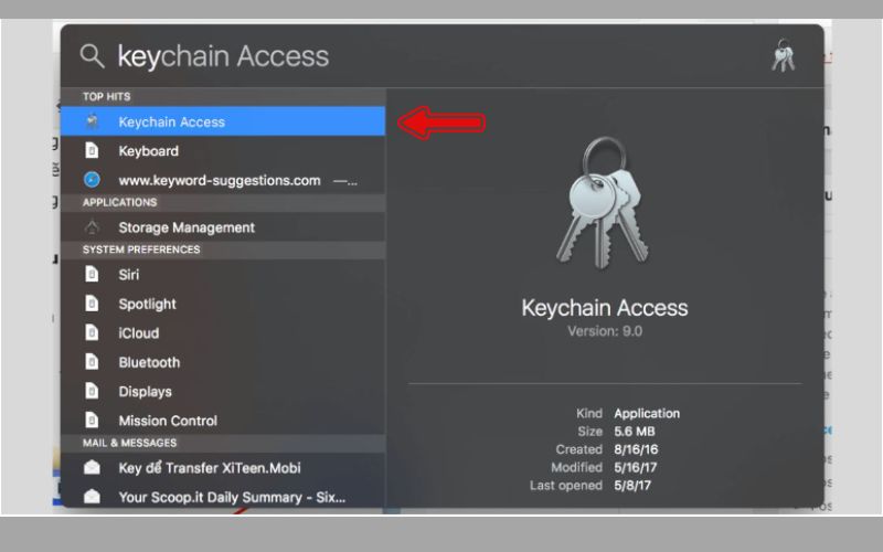 Nhập từ khóa Keychain Access