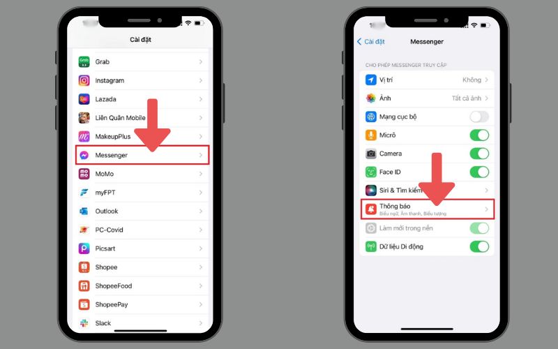Mở “Cài đặt” và lướt xuống chọn Messenger, chọn mục “Thông báo”