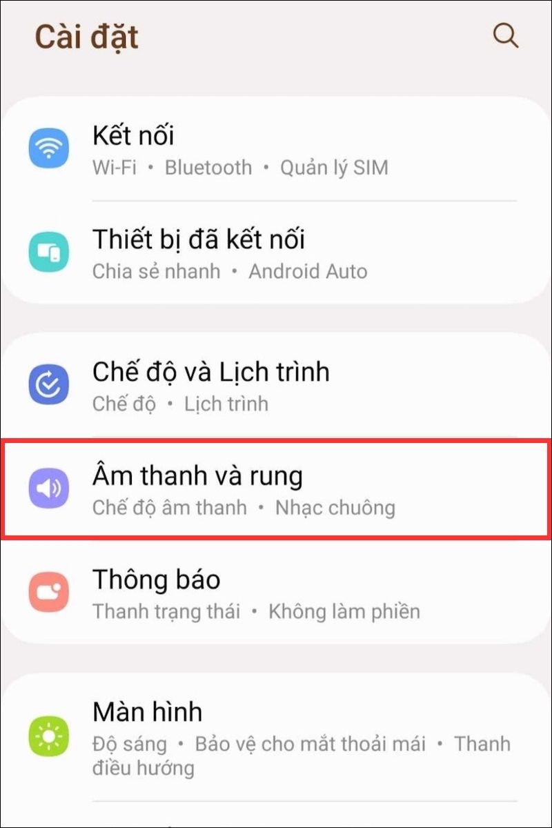 mở cài đặt và chọn mục âm thanh và rung