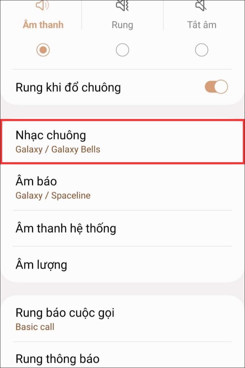 vào mục nhạc chuông để đổi nhạc