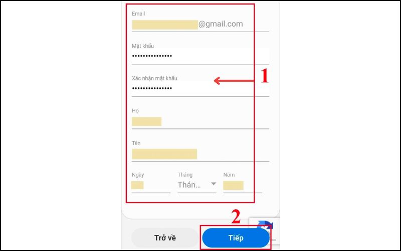 Nhập thông tin cá nhân vào mẫu gồm Email, Mật khẩu, Họ, Tên, Ngày sinh