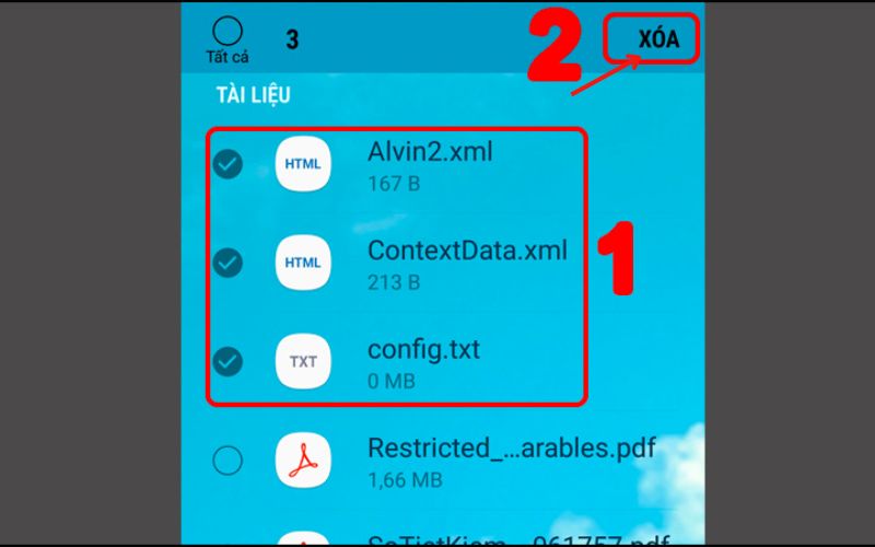 Chọn tệp cần xóa và nhấn Xóa