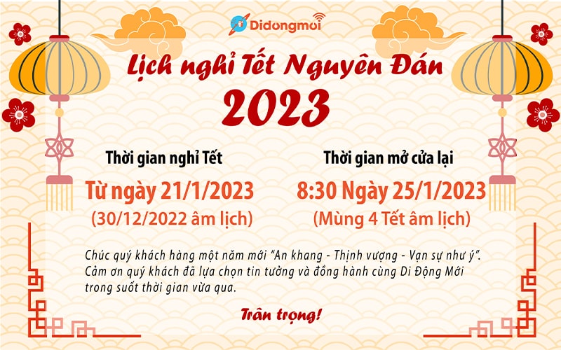 Thông báo lịch nghỉ Tết Nguyên Đán Quý Mão 2023 của Di Động Mới