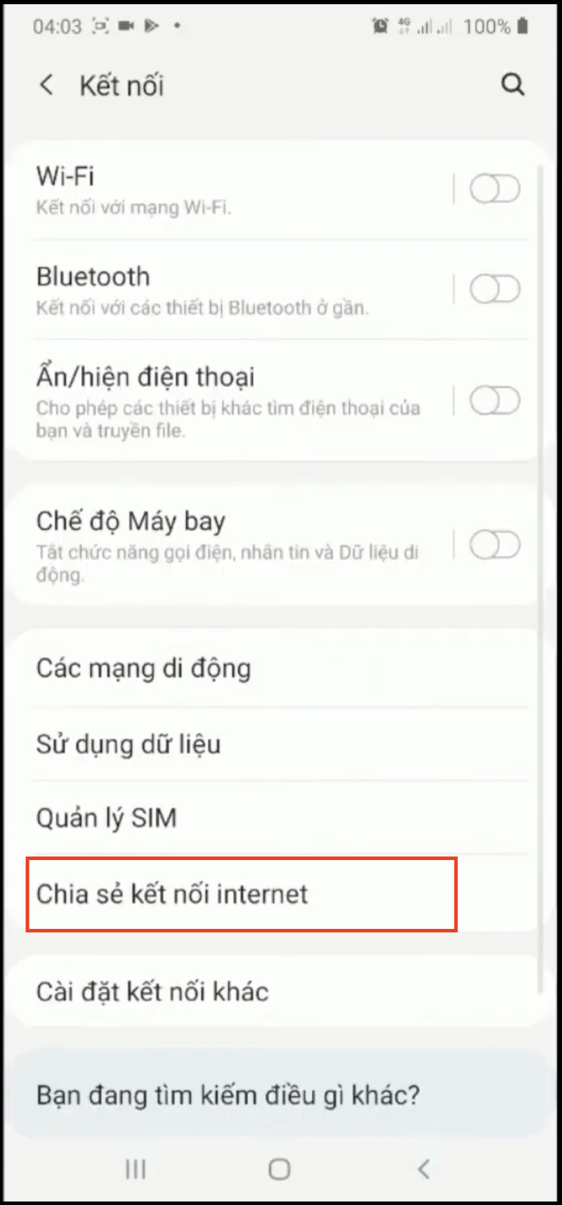 Tìm mục Chia sẻ kết nối Internet