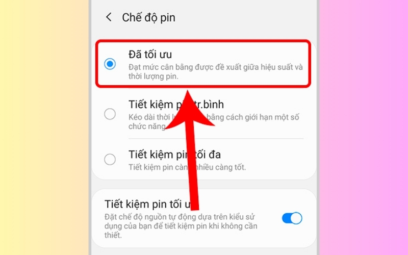 Màn hình sẽ hiển thị Chế độ pin