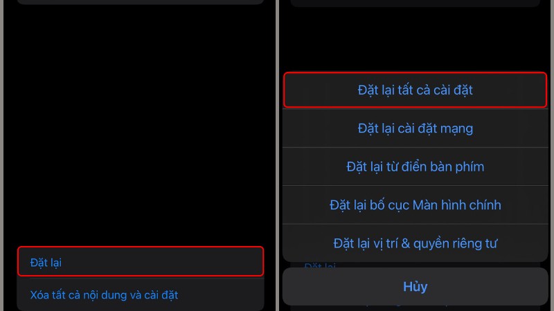 Chọn Đặt lại (Reset) > Chọn Đặt lại Tất cả Cài đặt (Reset All Settings)