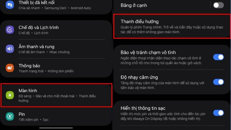 Trong mục Màn hình, tiếp tục kéo xuống và nhấn vào Thanh điều hướng