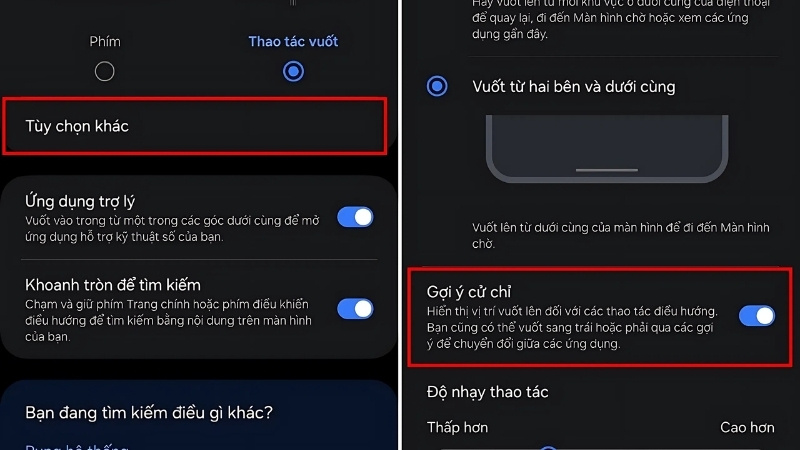 Tùy chọn bổ sung cho cử chỉ vuốt
