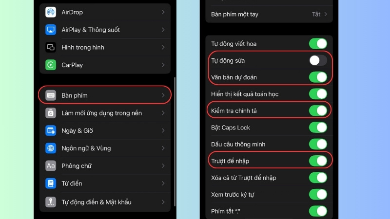 Tắt/bật các tính năng như Tự động sửa, Dự đoán, Kiểm tra chính tả,...