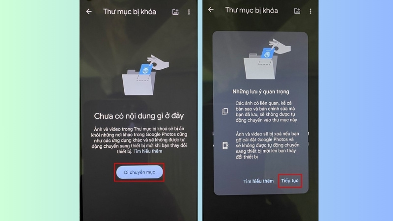 Nhấn Di chuyển mục để bắt đầu thêm ảnh và video cá nhân vào Thư mục bị khóa