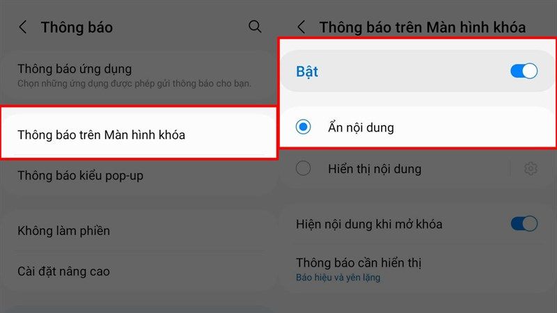 Chọn Ẩn nội dung để nội dung của các thông báo được ẩn