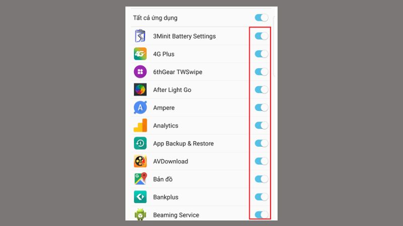 Để OFF từng ứng dụng