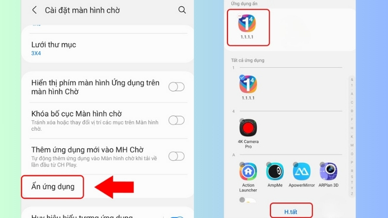 Tại danh sách Ứng dụng ẩn ở trên cùng, nhấn vào biểu tượng dấu trừ màu đỏ