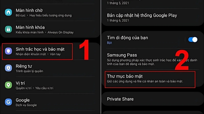 Đi đến Cài đặt > Sinh trắc học và bảo mật > Thư mục bảo mật