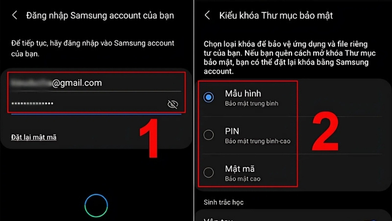 Đăng nhập bằng Tài khoản Samsung và chọn một kiểu khóa cho Thư mục bảo mật
