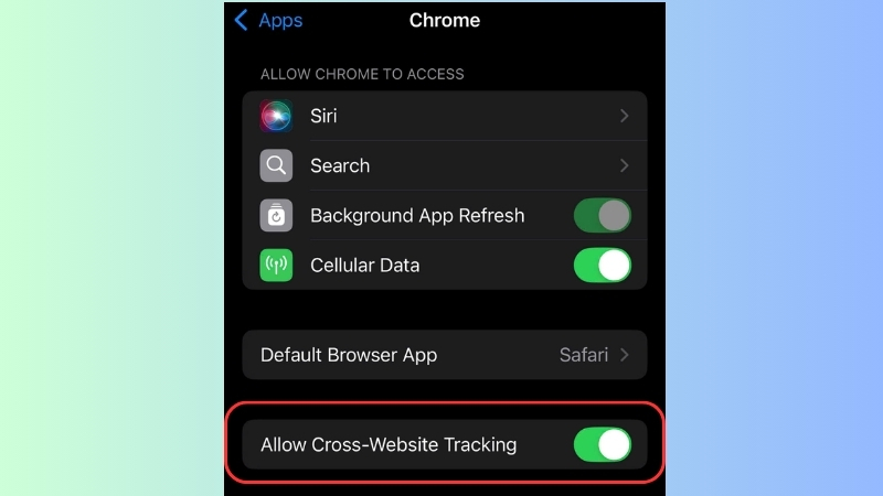 Kéo xuống và gạt thanh trượt sang phải tại mục Allow Cross-Website Tracking