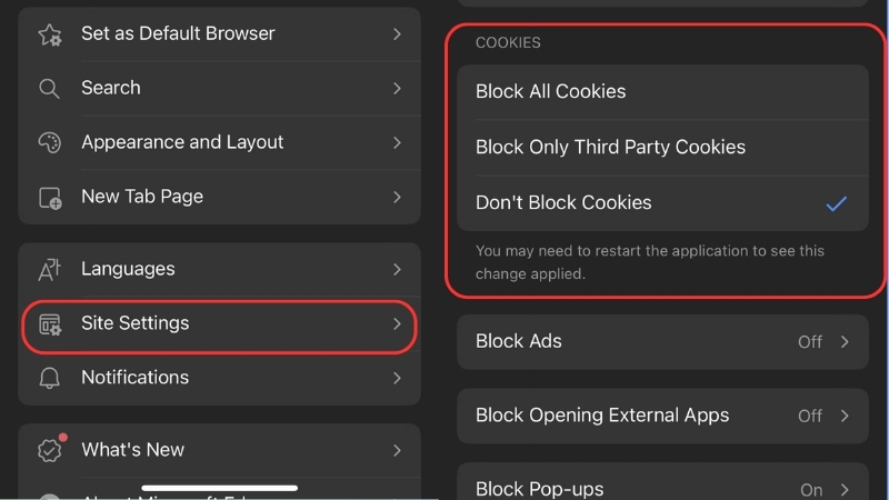 Chọn Site Settings > Kéo đến phần Cookies
