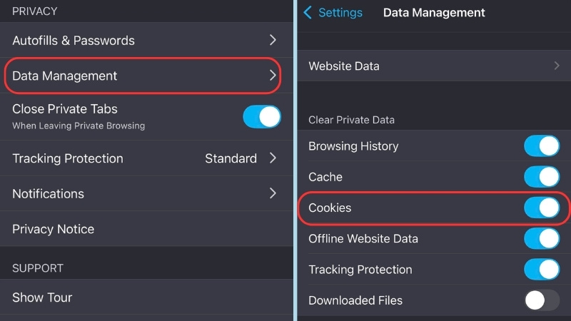  Chọn Data Management > Gạt thanh trượt tại Cookies để hoàn thành bật