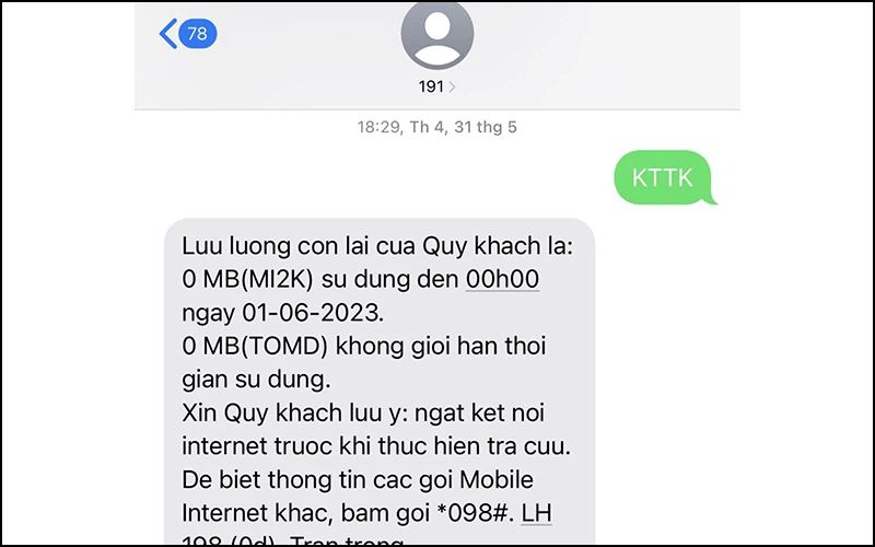 Bạn có thể nhắn tin cho 191 để kiểm tra lưu lượng data