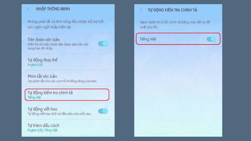  Gạt nút sang phải để bật hoặc sang trái để tắt chức năng Tự động kiểm tra chính tả