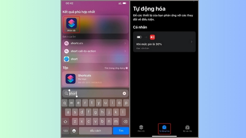 Mở ứng dụng Phím tắt > Chọn tab Tự động hóa