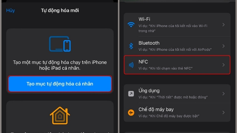 Nhấn Tạo mục tự động hóa cá nhân > Chọn NFC