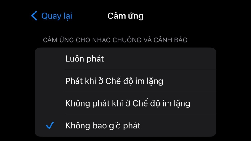 Trong phần Cảm ứng, chọn Không bao giờ phát