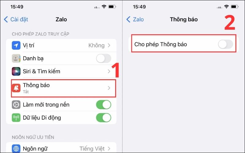 Tại mục Cho phép Thông báo, bạn cần gạt sang phải