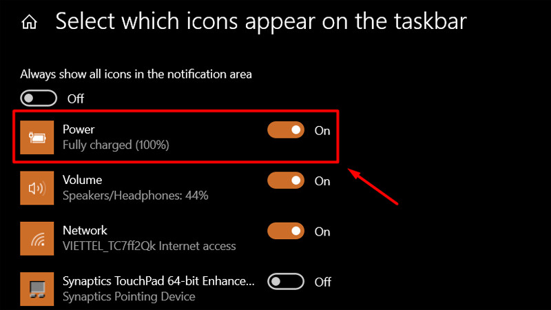  Chọn Select which icons appear on the taskbar