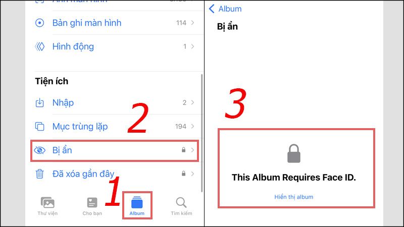 Vào Cài đặt, chọn Ảnh và bật Dùng Face ID để xem album Ẩn