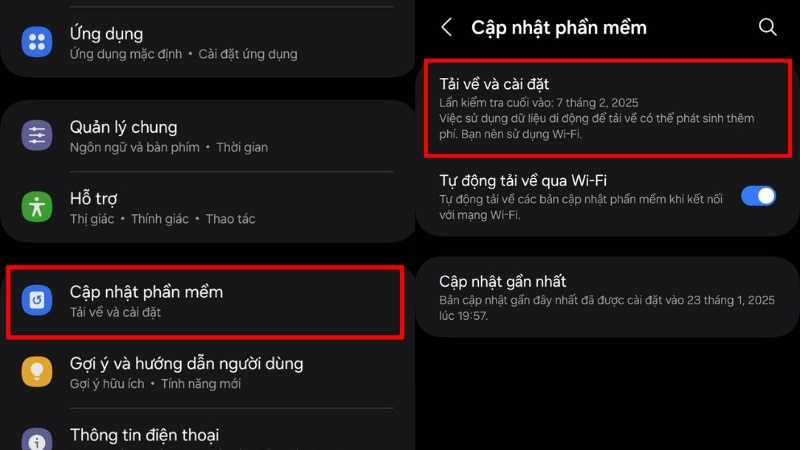Chọn mục Cập nhật phần mềm > Nhấn vào Tải về và cài đặt