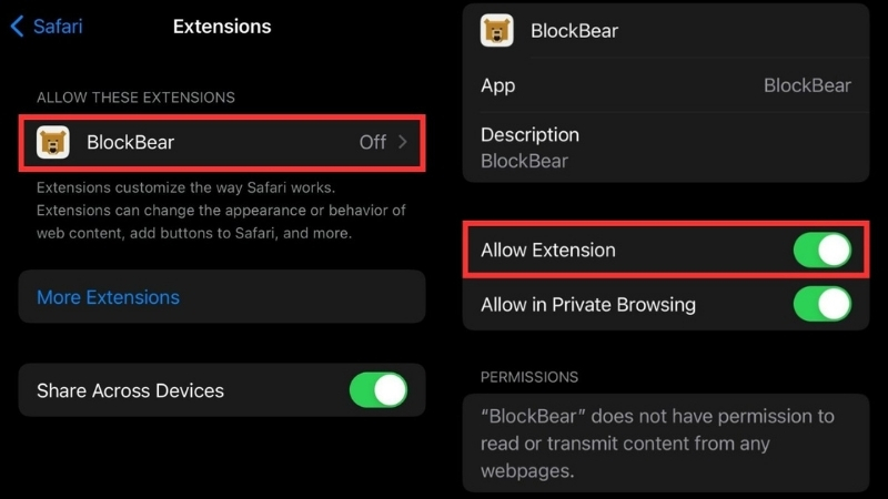 Ở nút Allow Extension, gạt sang phải để kích hoạt tính năng chặn quảng cáo