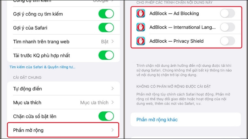 Nhấn bật 3 công cụ của Adblock for Mobile