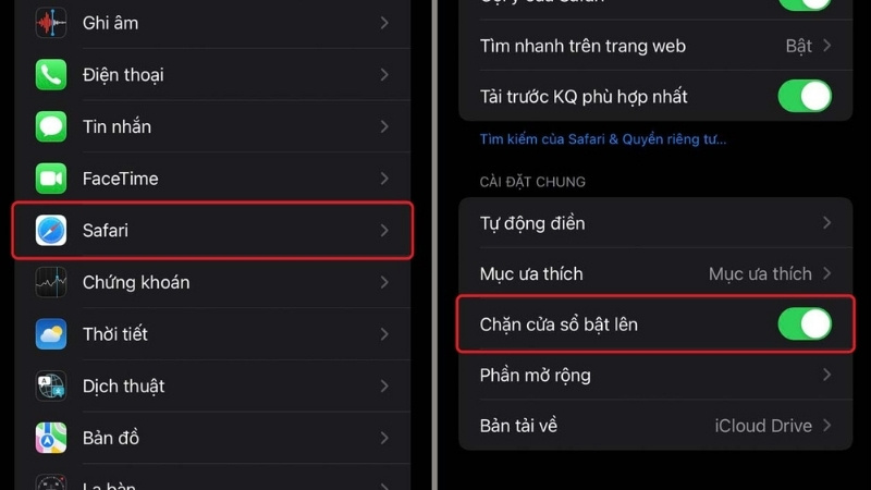 Tìm đến mục Chặn cửa sổ bật lên và gạt thanh trượt sang phải để kích hoạt
