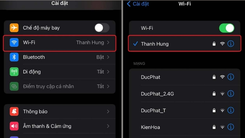 Nhấn vào biểu tượng chữ i màu xanh cạnh tên WiFi