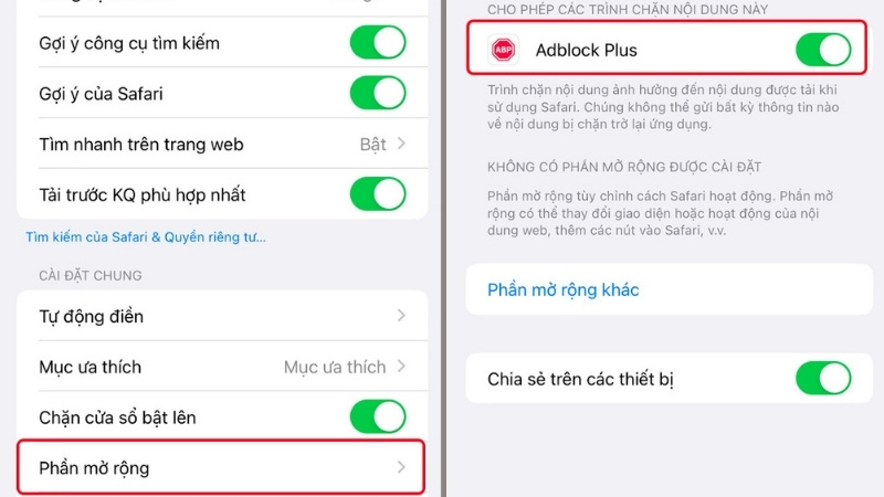 Chọn Extension > Bật Adblock Plus for Safari (ABS)