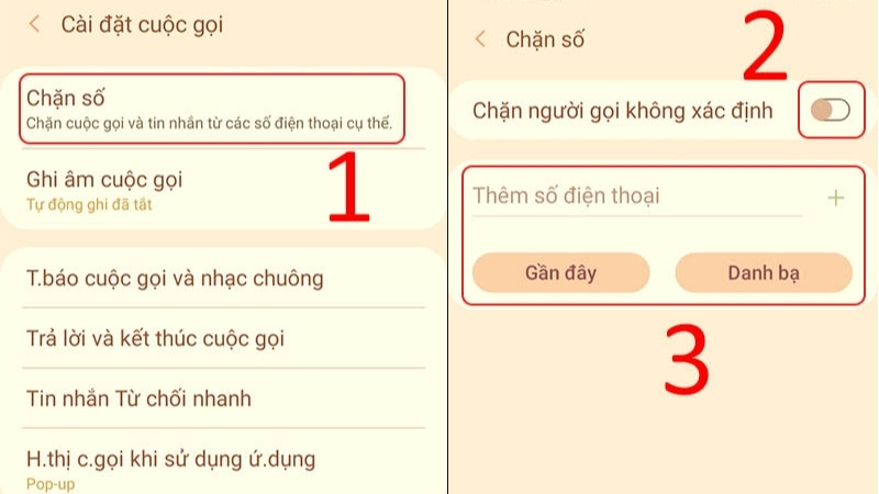 Chọn Chặn số > Gạt thanh trượt sang phải tại mục Chặn người gọi không xác định để chặn tất cả số điện thoại lạ gọi đến