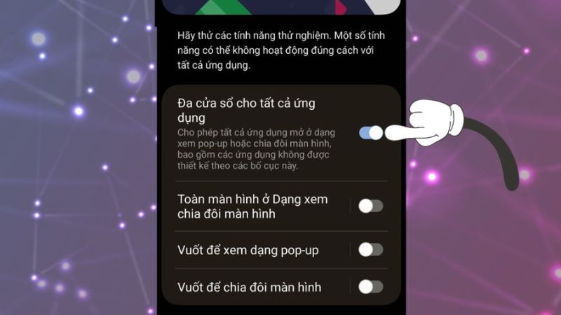 Gạt công tắc của mục Đa của sổ cho tất cả ứng dụng 
