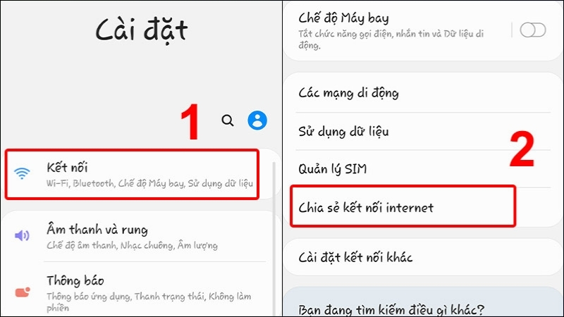 Chọn mục Kết nối (Connections) > Tìm và chọn Chia sẻ kết nối internet