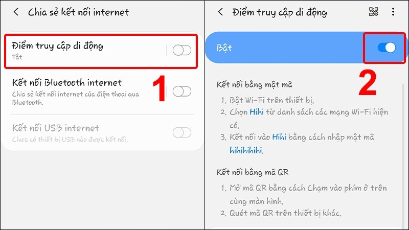 Bật chức năng Điểm truy cập di động