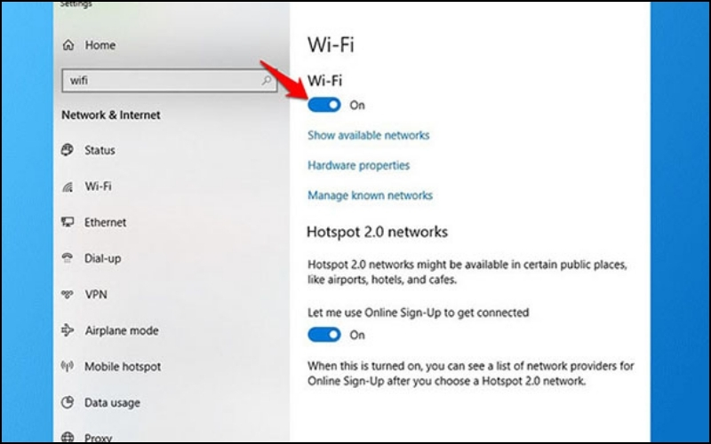 bật kết nối wifi cho laptop