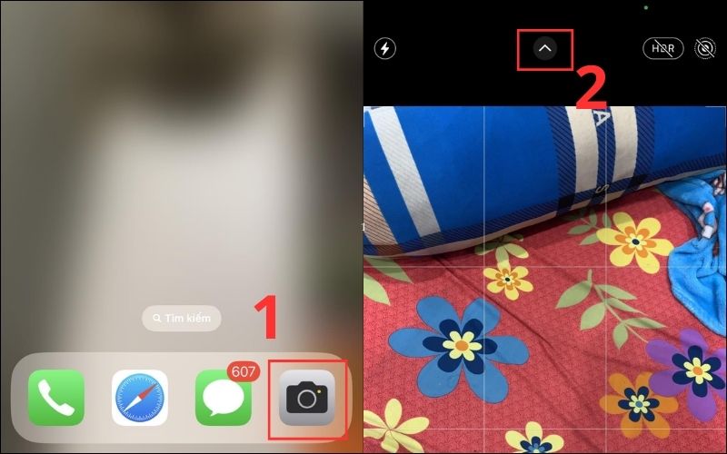 Mở ứng dụng Camera > Nhấn vào dấu mũi tên ở phía trên màn hình