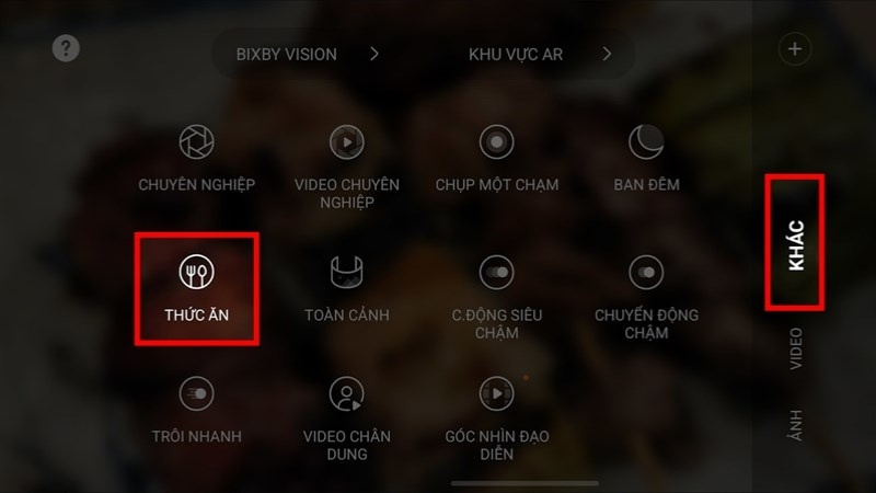 Chế độ Thức Ăn (Food Mode) giúp tối ưu màu sắc, độ tương phản cho món ăn trông hấp dẫn hơn