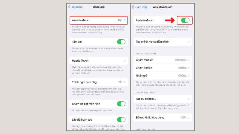 Chọn AssistiveTouch và gạt nút bên AssistiveTouch sang phải
