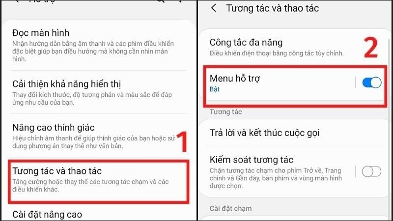 Gạt công tắc tại mục Menu hỗ trợ